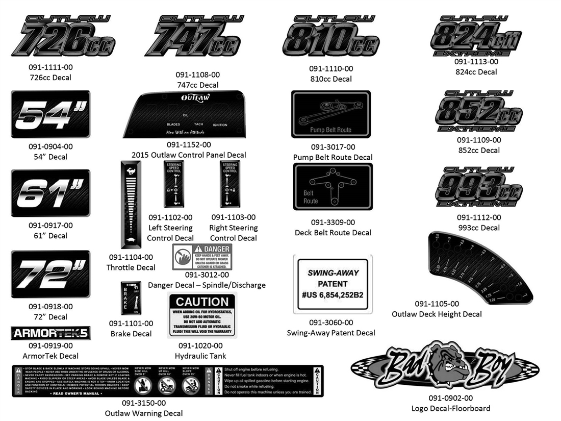 Bad Boy Mowers 2015 OUTLAW & EXTREME OUTLAW DECALS Parts & Accessories